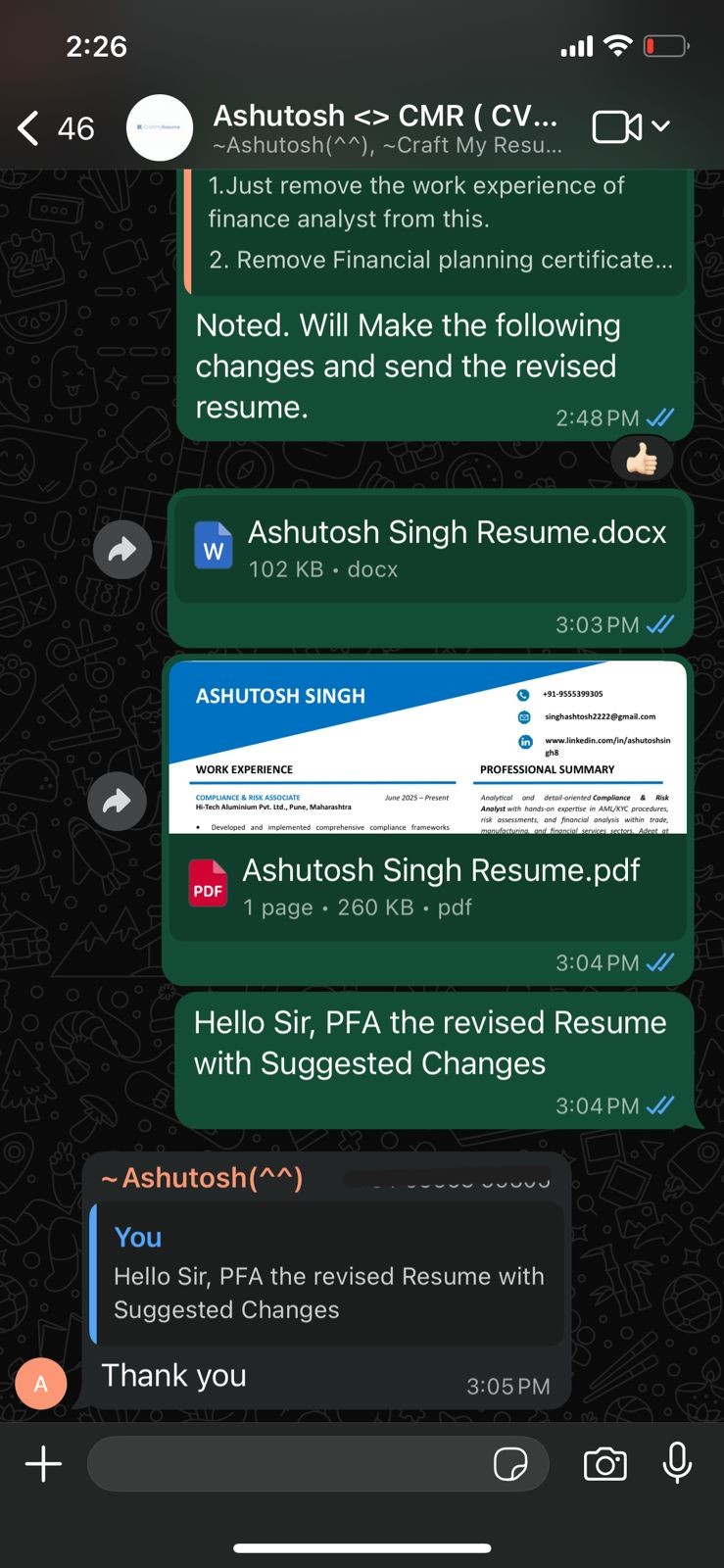 WhatsApp conversation with Ashutosh showing revision process and satisfaction