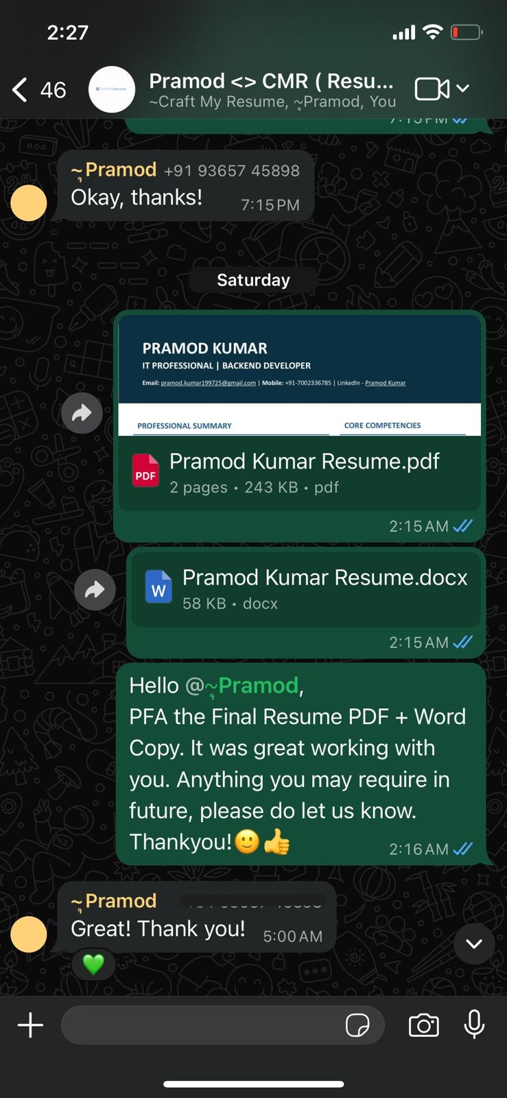 WhatsApp conversation with Pramod showing final delivery and appreciation