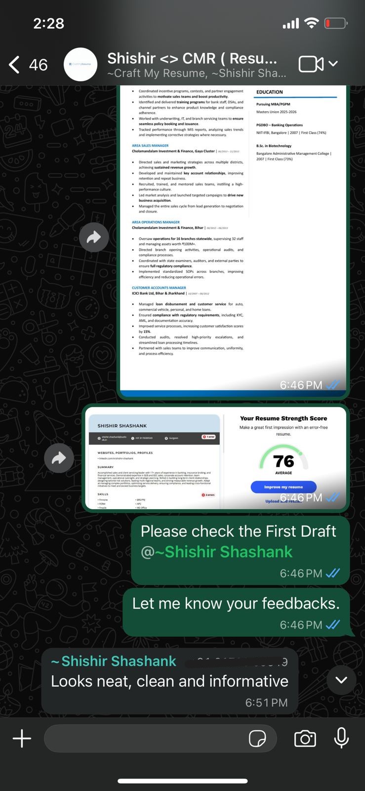 WhatsApp conversation with Shishir showing ATS score of 76 and positive feedback