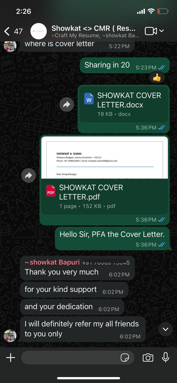 WhatsApp conversation with Showkat showing cover letter delivery and referral promise